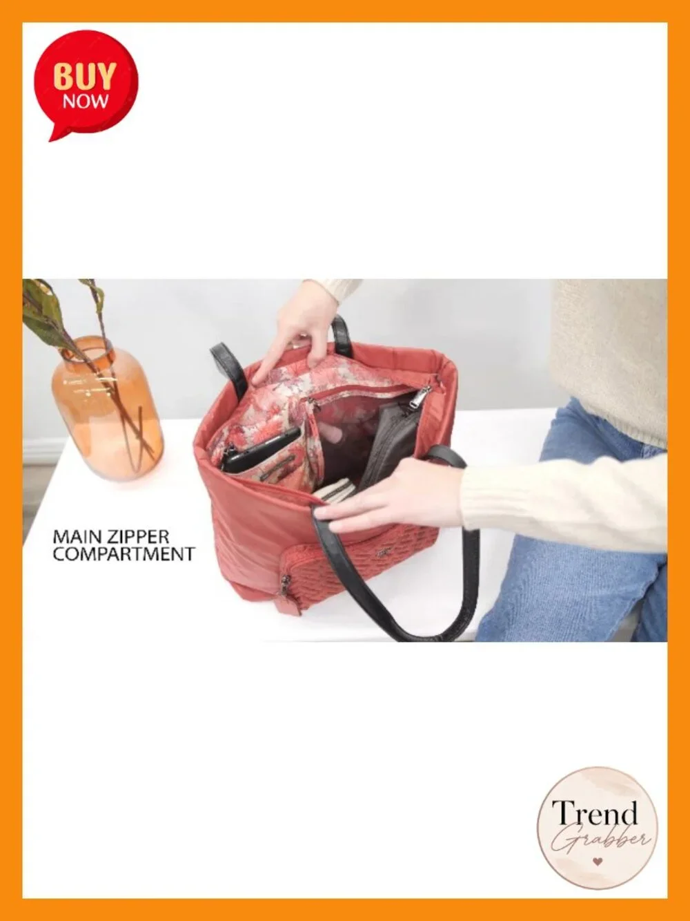 Nylon Tote Bag with Vegan Leather Handles and Multiple Pockets